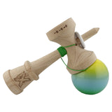 Kendama X Originala, Profesionala, Flippy, Super Sticky cu Cupe Mari KING SIZE V3, Gaura in Baza, Rulment Metalic, din lemn 18 cm, Ata 62/65 cm, Gradient Galben/Albastru/Verde - vivimall.ro