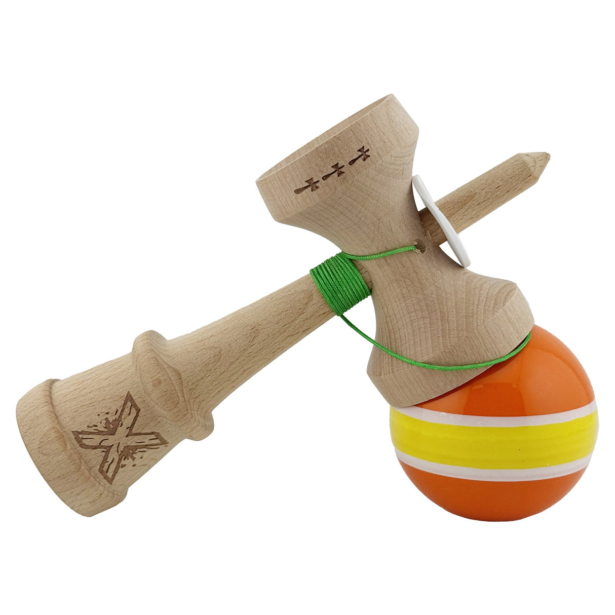 Kendama X Originala, Profesionala, Flippy, Super Sticky cu Cupe Mari KING SIZE V3, Gaura in Baza, Rulment Metalic, din lemn 18 cm, Ata 62/65 cm, Special Portocaliu/Galben - vivimall.ro