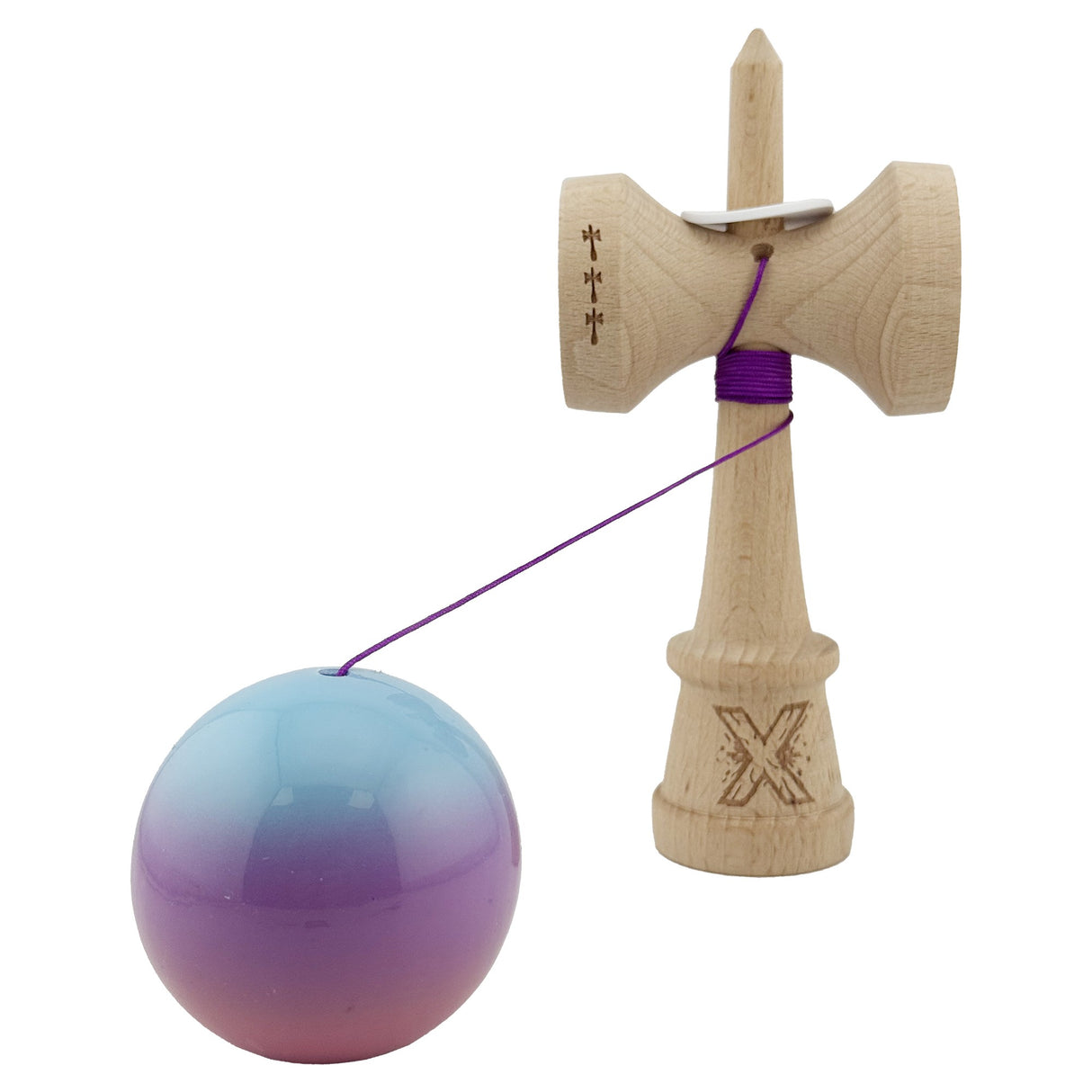 Kendama X Originala, Profesionala, Flippy, Super Sticky cu Cupe Mari KING SIZE V3, Gaura in Baza, Rulment Metalic, din lemn 18 cm, Ata 62/65 cm, Gradient Albastru/Mov/Roz - vivimall.ro