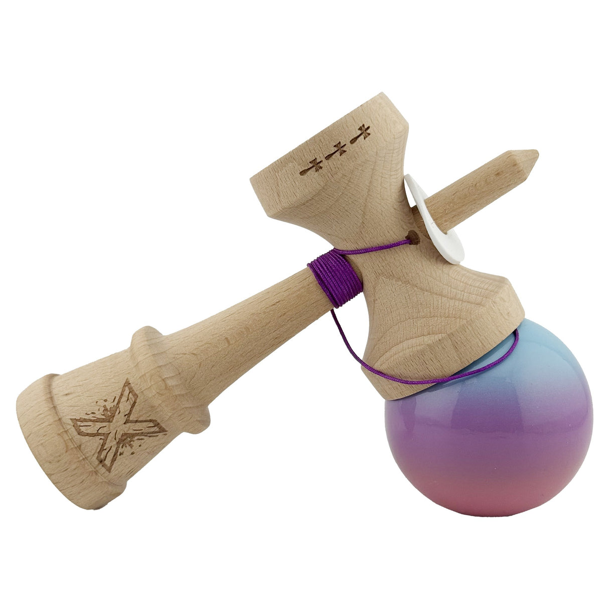 Kendama X Originala, Profesionala, Flippy, Super Sticky cu Cupe Mari KING SIZE V3, Gaura in Baza, Rulment Metalic, din lemn 18 cm, Ata 62/65 cm, Gradient Albastru/Mov/Roz - vivimall.ro