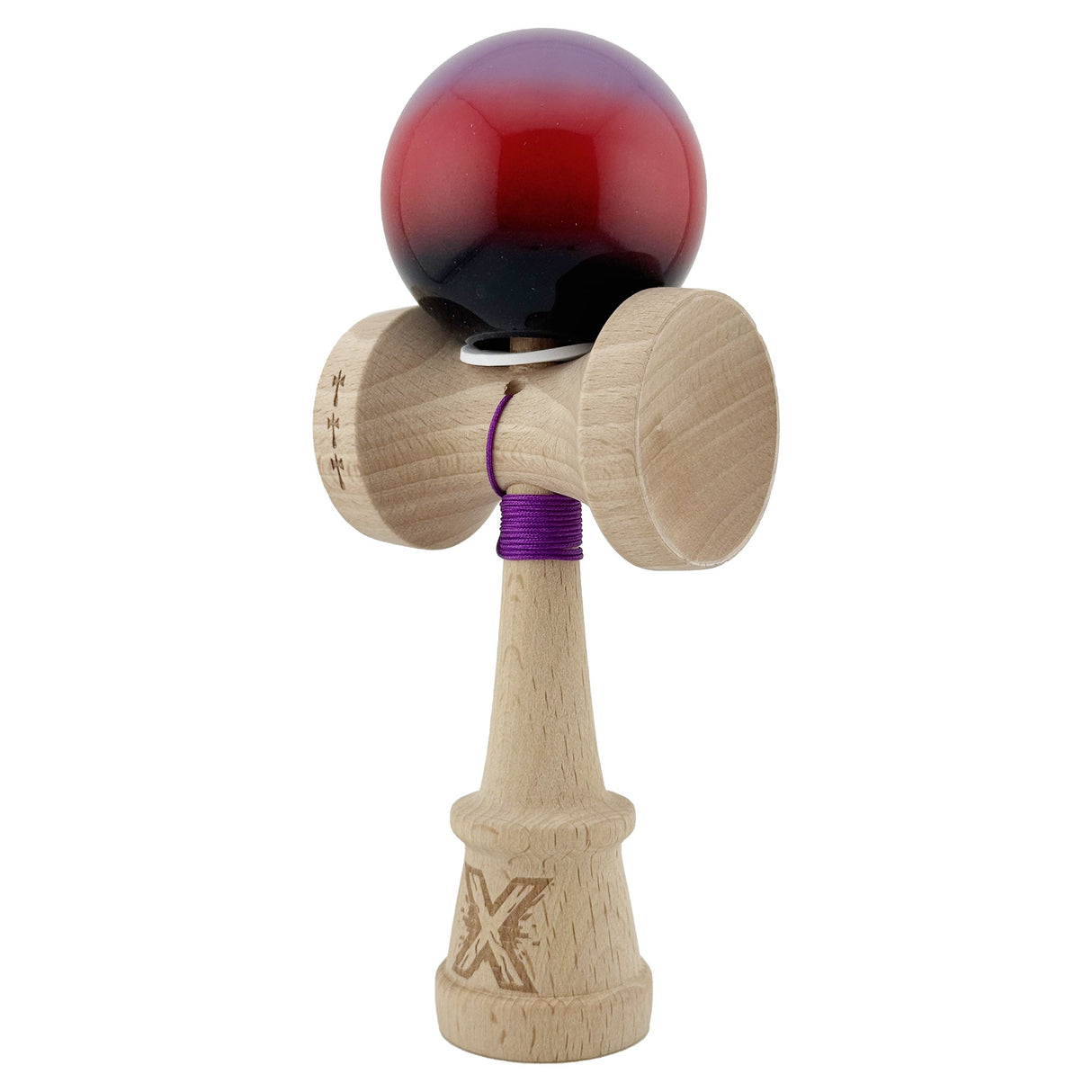 Kendama X Originala, Profesionala, Flippy, Super Sticky cu Cupe Mari KING SIZE V3, Gaura in Baza, Rulment Metalic, din lemn 18 cm, Ata 62/65 cm, Gradient Mov/Rosu/Negru - vivimall.ro