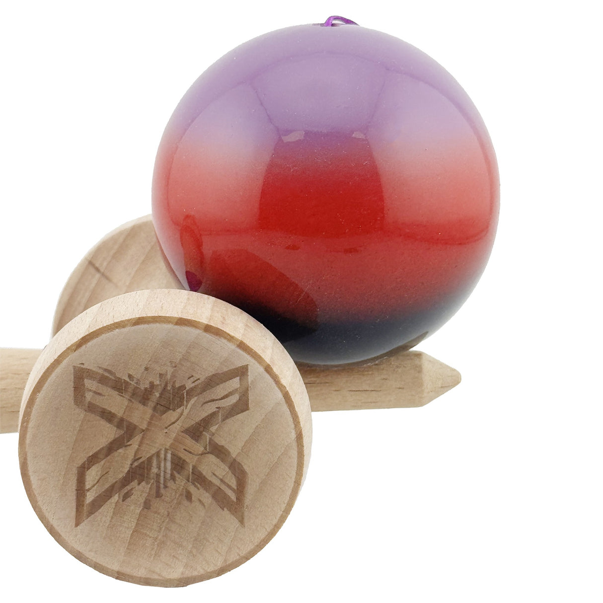 Kendama X Originala, Profesionala, Flippy, Super Sticky cu Cupe Mari KING SIZE V3, Gaura in Baza, Rulment Metalic, din lemn 18 cm, Ata 62/65 cm, Gradient Mov/Rosu/Negru - vivimall.ro