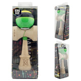 Kendama X Originala, Profesionala, Flippy, Super Sticky cu Cupe Mari KING SIZE V3, Gaura in Baza, Rulment Metalic, din lemn 18 cm, Ata 62/65 cm, Galben/Negru/Verde - vivimall.ro