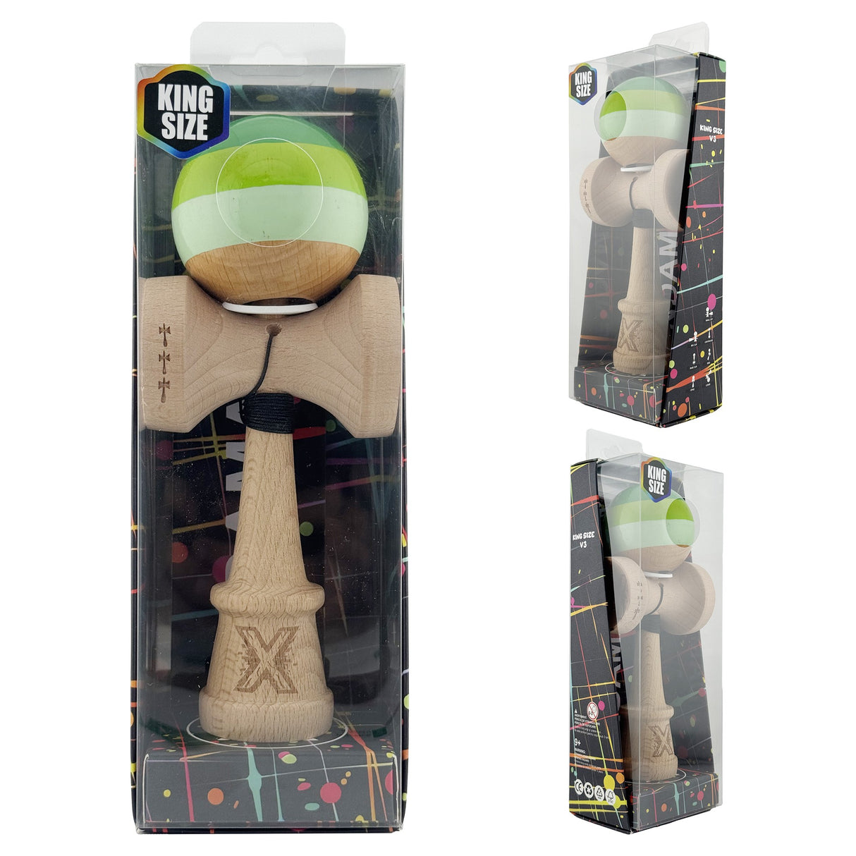 Kendama X Originala, Profesionala, Flippy, Super Sticky cu Cupe Mari KING SIZE V3, Gaura in Baza, Rulment Metalic, din lemn 18 cm, Ata 62/65 cm, Special Verde degrade - vivimall.ro