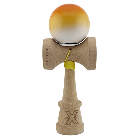 Kendama X Originala, Profesionala, Flippy, Super Sticky cu Cupe Mari KING SIZE V3, Gaura in Baza, Rulment Metalic, din lemn 18 cm, Ata 62/65 cm, Gradient Portocaliu/Galben/Alb - vivimall.ro