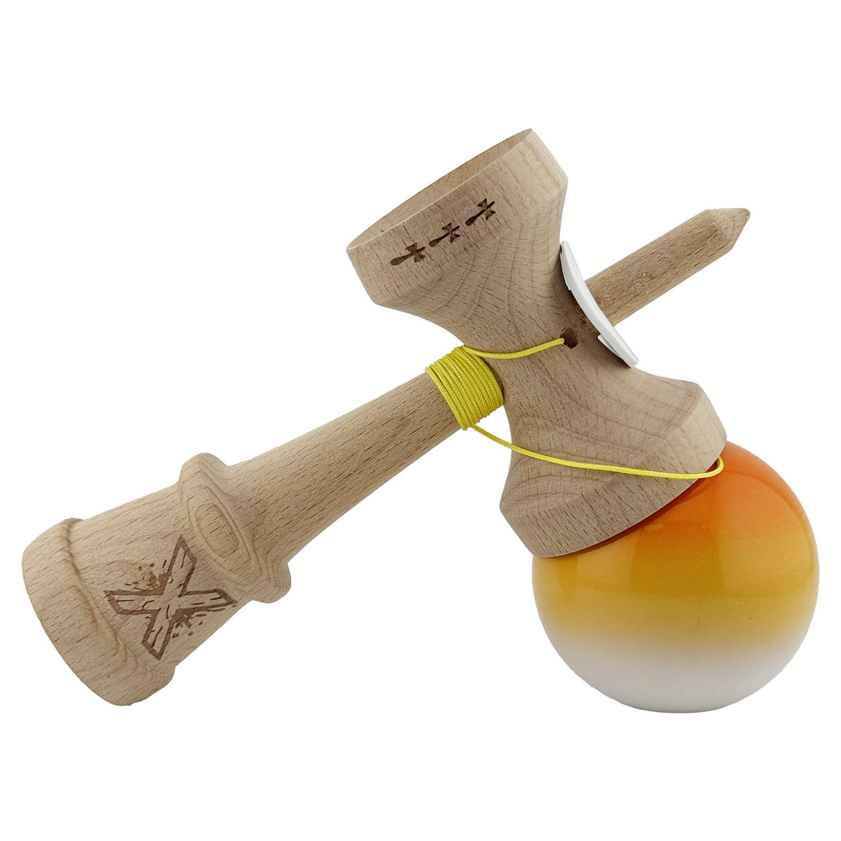 Kendama X Originala, Profesionala, Flippy, Super Sticky cu Cupe Mari KING SIZE V3, Gaura in Baza, Rulment Metalic, din lemn 18 cm, Ata 62/65 cm, Gradient Portocaliu/Galben/Alb - vivimall.ro