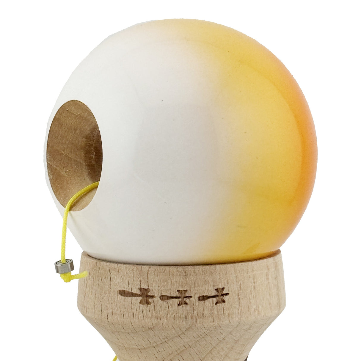 Kendama X Originala, Profesionala, Flippy, Super Sticky cu Cupe Mari KING SIZE V3, Gaura in Baza, Rulment Metalic, din lemn 18 cm, Ata 62/65 cm, Gradient Portocaliu/Galben/Alb - vivimall.ro