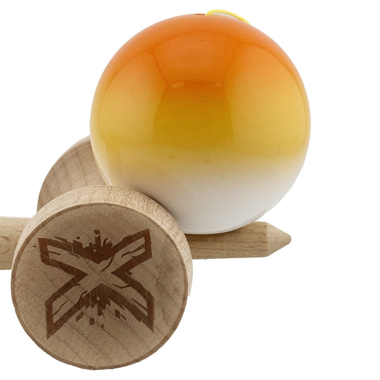 Kendama X Originala, Profesionala, Flippy, Super Sticky cu Cupe Mari KING SIZE V3, Gaura in Baza, Rulment Metalic, din lemn 18 cm, Ata 62/65 cm, Gradient Portocaliu/Galben/Alb - vivimall.ro