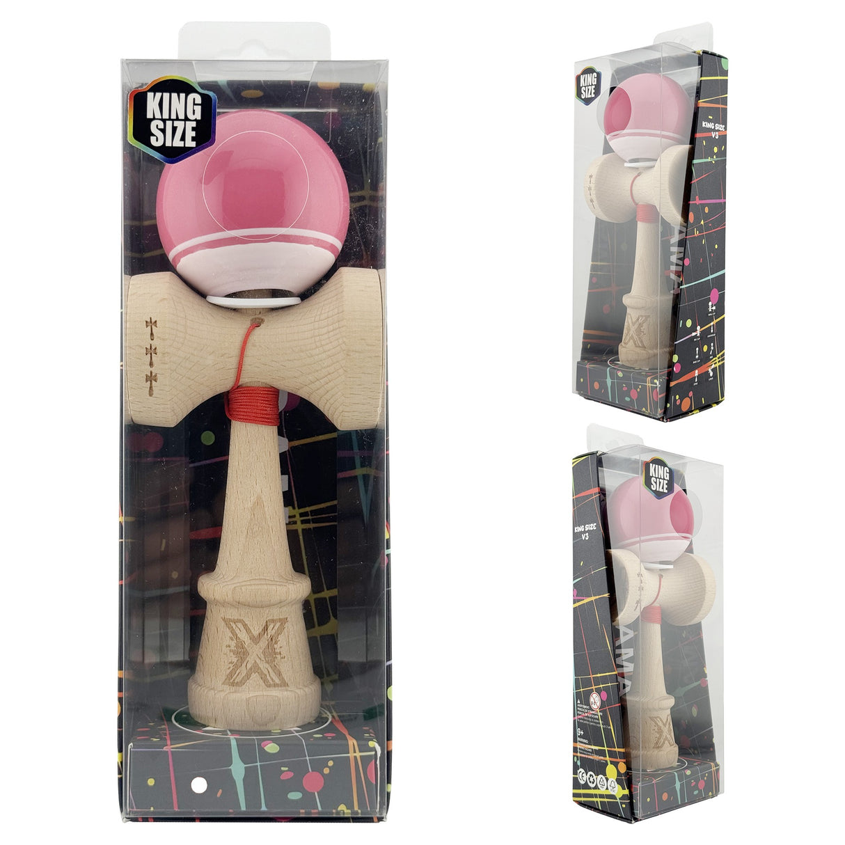 Kendama X Originala, Profesionala, Flippy, Super Sticky cu Cupe Mari KING SIZE V3, Gaura in Baza, Rulment Metalic, din lemn 18 cm, Ata 62/65 cm, Special Roz/Alb - vivimall.ro