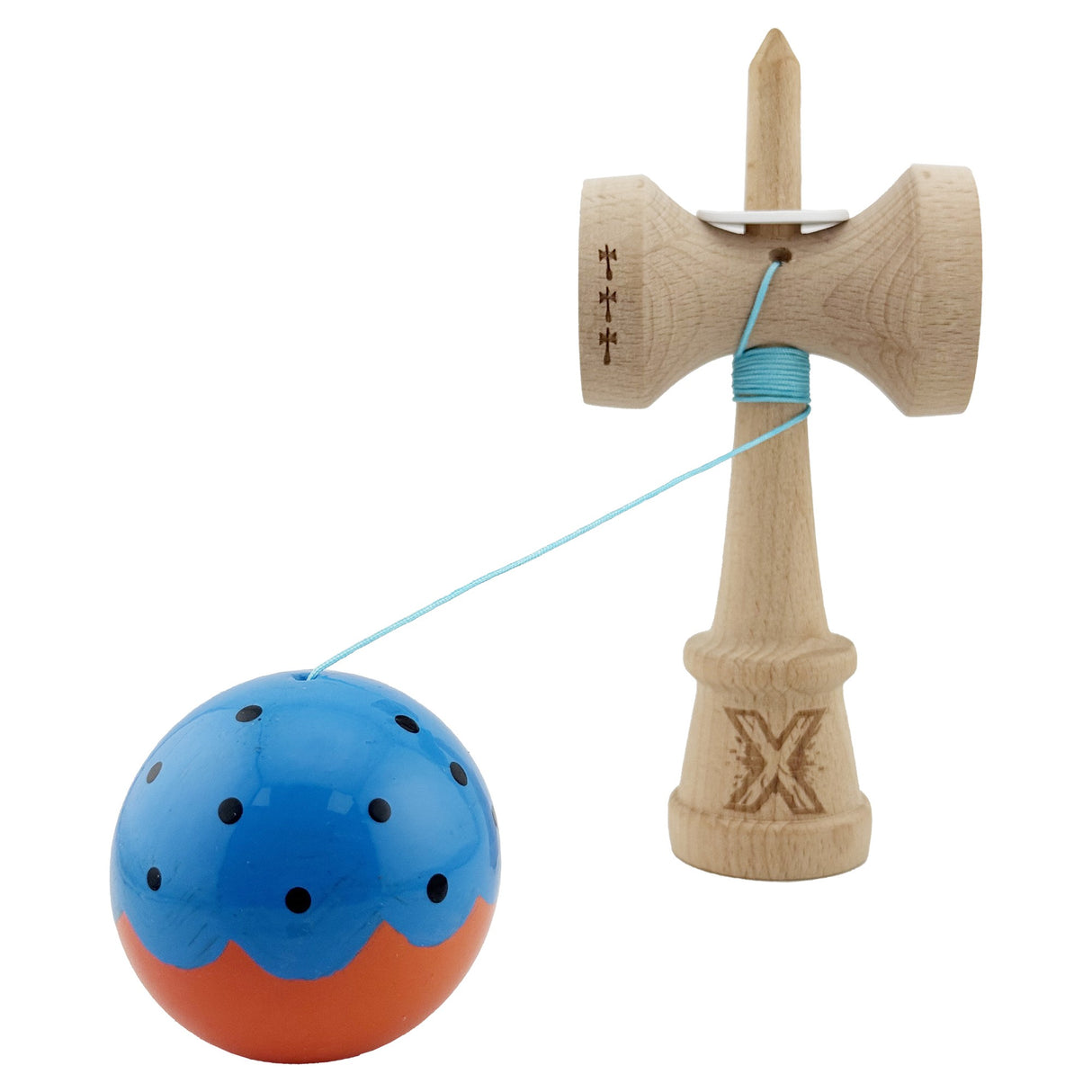 Kendama X Originala, Profesionala, Flippy, Super Sticky cu Cupe Mari KING SIZE V3, Gaura in Baza, Rulment Metalic, din lemn 18 cm, Ata 62/65 cm, Special Albastru/Portocaliu - vivimall.ro