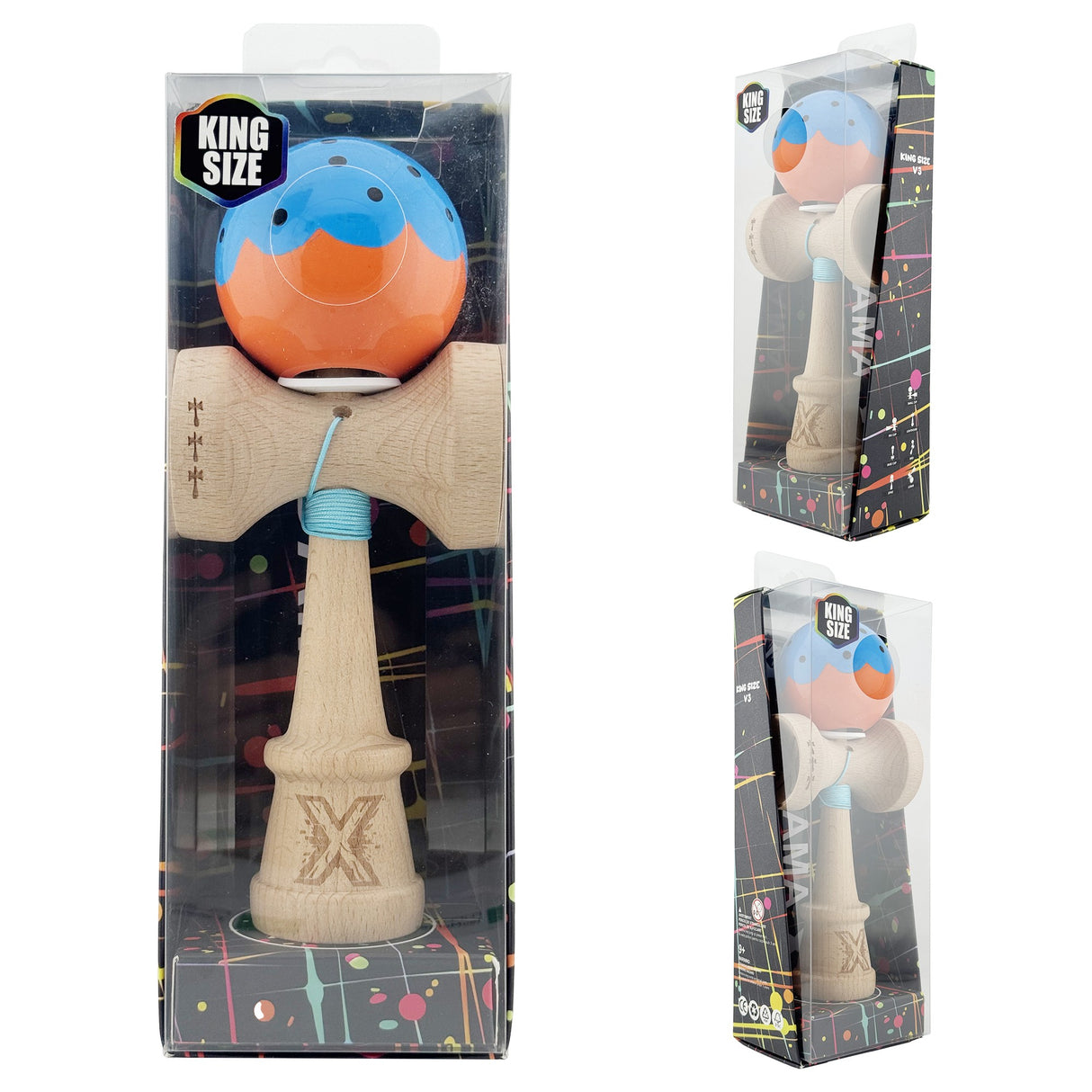 Kendama X Originala, Profesionala, Flippy, Super Sticky cu Cupe Mari KING SIZE V3, Gaura in Baza, Rulment Metalic, din lemn 18 cm, Ata 62/65 cm, Special Albastru/Portocaliu - vivimall.ro