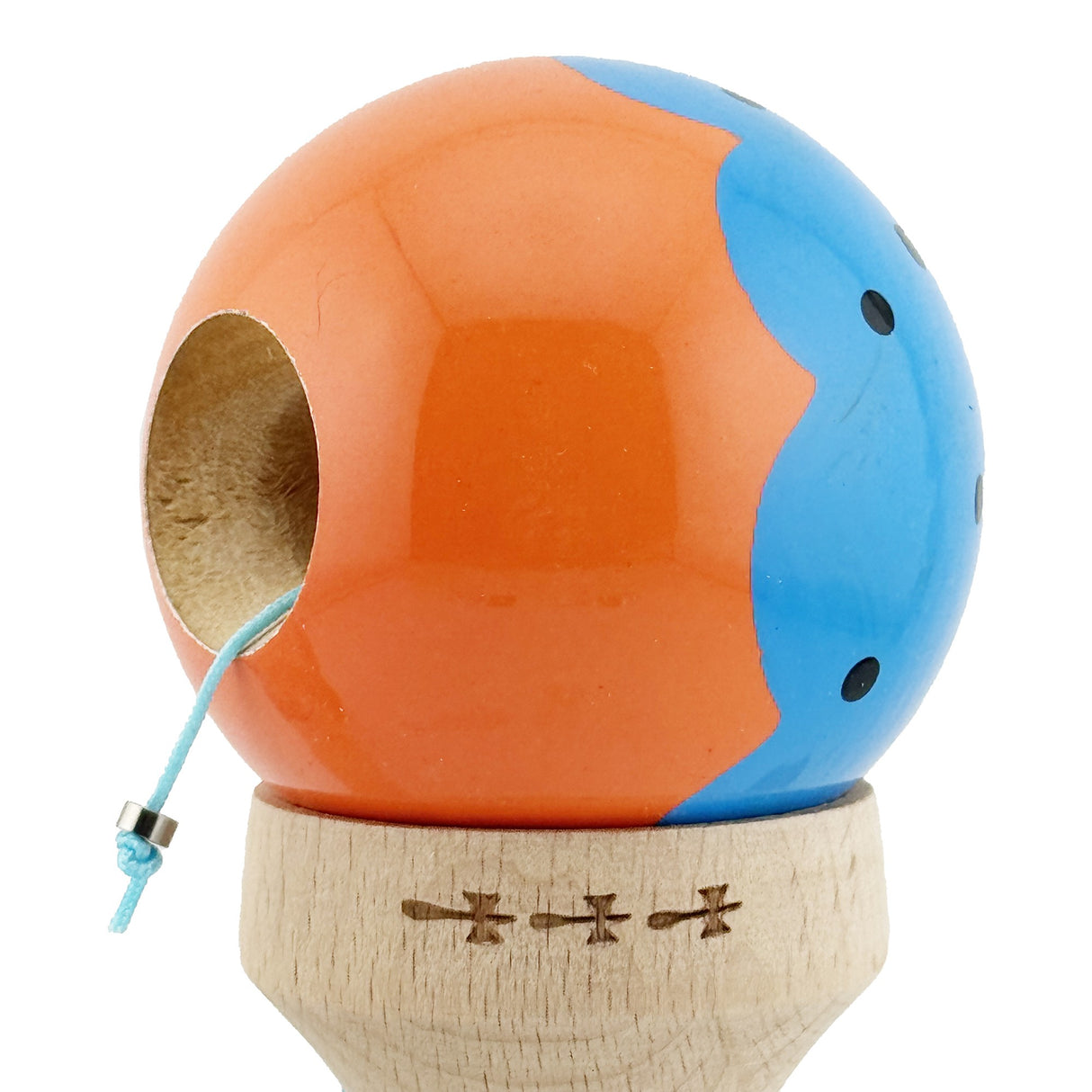 Kendama X Originala, Profesionala, Flippy, Super Sticky cu Cupe Mari KING SIZE V3, Gaura in Baza, Rulment Metalic, din lemn 18 cm, Ata 62/65 cm, Special Albastru/Portocaliu - vivimall.ro