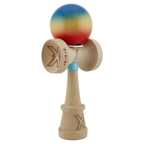 Kendama X Originala, Profesionala, Flippy, Super Sticky cu Cupe Mari KING SIZE V3, Gaura in Baza, Rulment Metalic, din lemn 18 cm, Ata 62/65 cm, Gradient Albastru/Galben/Rosu - vivimall.ro