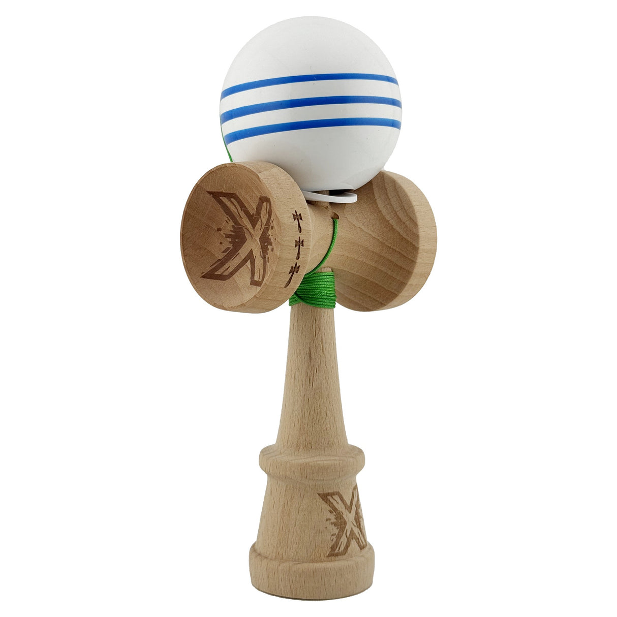 Kendama X Originala, Profesionala, Flippy, Super Sticky cu Cupe Mari KING SIZE V3, Gaura in Baza, Rulment Metalic, din lemn 18 cm, Ata 62/65 cm, Special Alb/Albastru - vivimall.ro