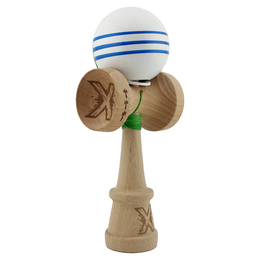 Kendama X Originala, Profesionala, Flippy, Super Sticky cu Cupe Mari KING SIZE V3, Gaura in Baza, Rulment Metalic, din lemn 18 cm, Ata 62/65 cm, Special Alb/Albastru - vivimall.ro
