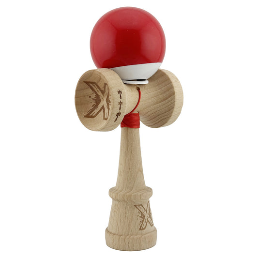 Kendama X Originala, Profesionala, Flippy, Super Sticky cu Cupe Mari KING SIZE V3, Gaura in Baza, Rulment Metalic, din lemn 18 cm, Ata 62/65 cm, Bicolor Rosu/Alb - vivimall.ro