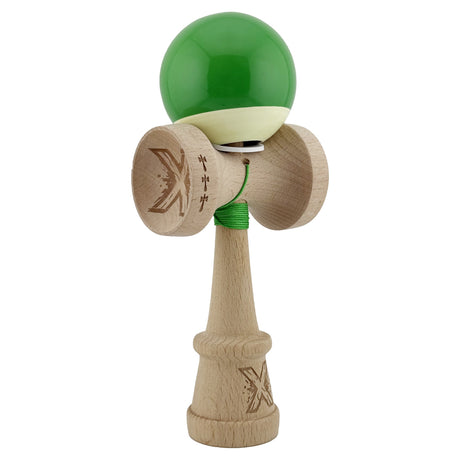 Kendama X Originala, Profesionala, Flippy, Super Sticky cu Cupe Mari KING SIZE V3, Gaura in Baza, Rulment Metalic, din lemn 18 cm, Ata 62/65 cm, Bicolor Verde/Alb - vivimall.ro