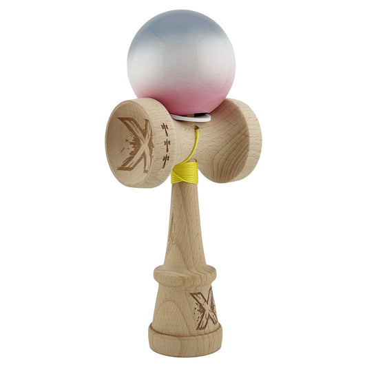 Kendama X Originala, Profesionala, Vivimall, Super Sticky cu Cupe Mari KING SIZE V3, Gaura in Baza, Rulment Metalic, din lemn 18 cm, Ata 62/65 cm, Gradient Gri/Alb/Roz - vivimall.ro