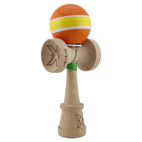 Kendama X Originala, Profesionala, Flippy, Super Sticky cu Cupe Mari KING SIZE V3, Gaura in Baza, Rulment Metalic, din lemn 18 cm, Ata 62/65 cm, Special Portocaliu/Galben - vivimall.ro