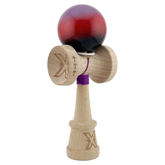 Kendama X Originala, Profesionala, Vivimall, Super Sticky cu Cupe Mari KING SIZE V3, Gaura in Baza, Rulment Metalic, din lemn 18 cm, Ata 62/65 cm, Gradient Mov/Rosu/Negru - vivimall.ro