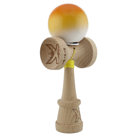 Kendama X Originala, Profesionala, Flippy, Super Sticky cu Cupe Mari KING SIZE V3, Gaura in Baza, Rulment Metalic, din lemn 18 cm, Ata 62/65 cm, Gradient Portocaliu/Galben/Alb - vivimall.ro