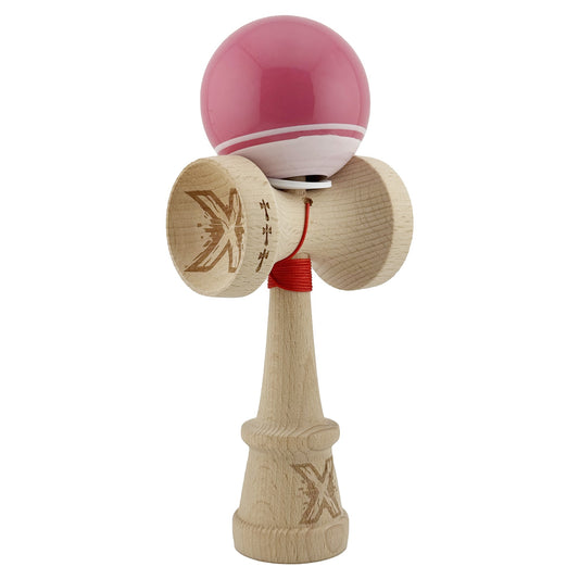 Kendama X Originala, Profesionala, Vivimall, Super Sticky cu Cupe Mari KING SIZE V3, Gaura in Baza, Rulment Metalic, din lemn 18 cm, Ata 62/65 cm, Special Roz/Alb - vivimall.ro