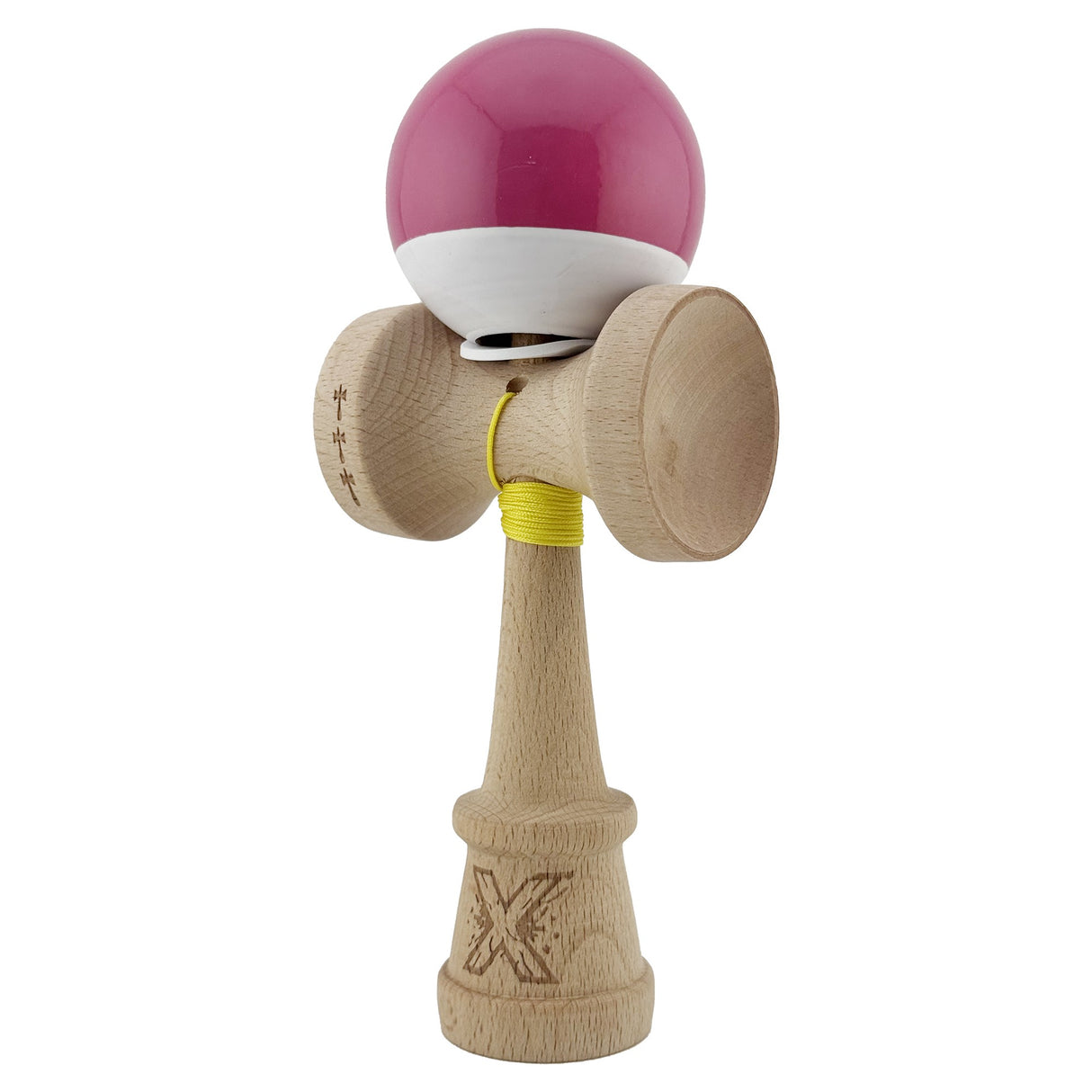 Kendama X Originala, Profesionala, Vivimall, Super Sticky cu Cupe Mari KING SIZE V3, Gaura in Baza, Rulment Metalic, din lemn 18 cm, Ata 62/65 cm, Bicolor Roz inchis/Alb - vivimall.ro