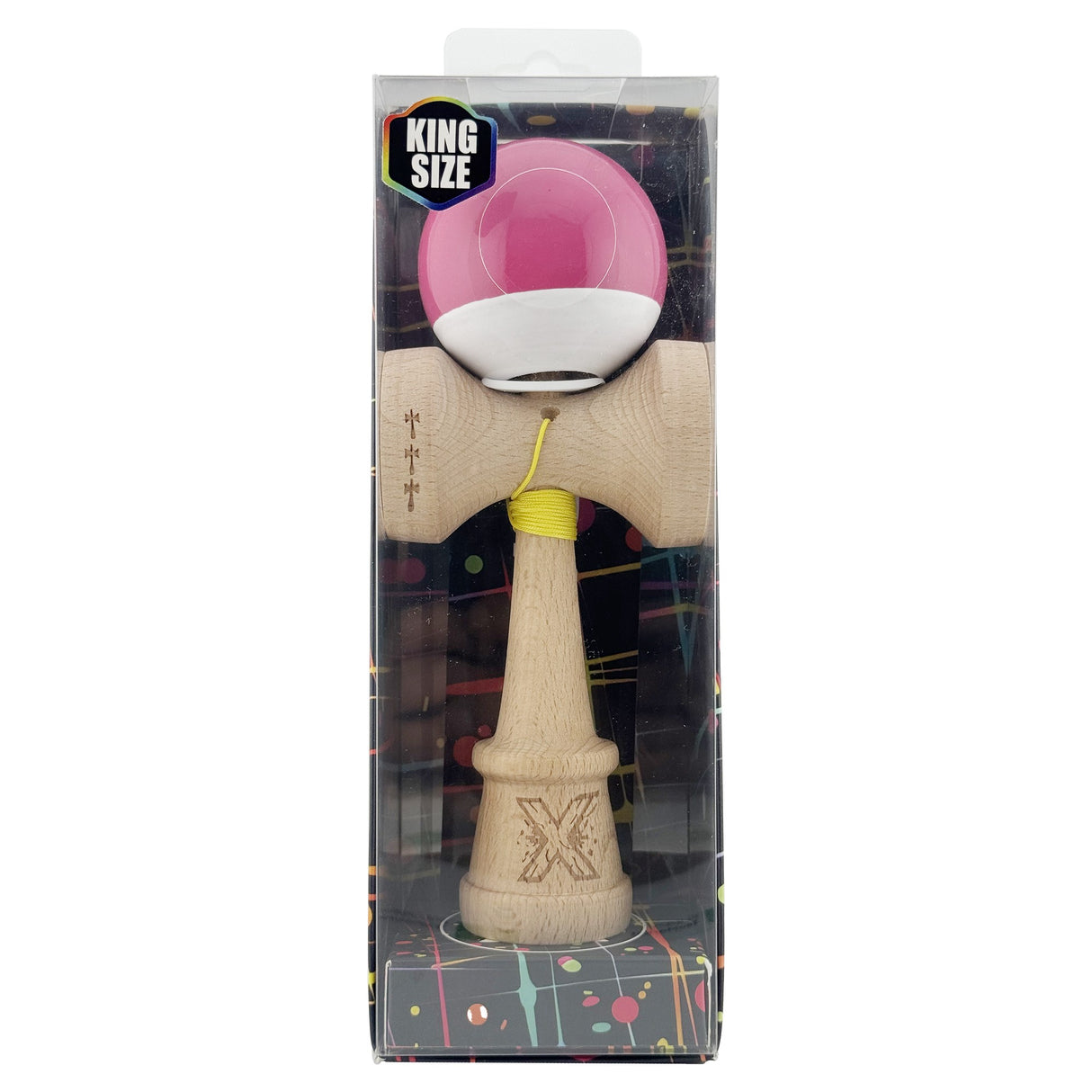 Kendama X Originala, Profesionala, Vivimall, Super Sticky cu Cupe Mari KING SIZE V3, Gaura in Baza, Rulment Metalic, din lemn 18 cm, Ata 62/65 cm, Bicolor Roz inchis/Alb - vivimall.ro