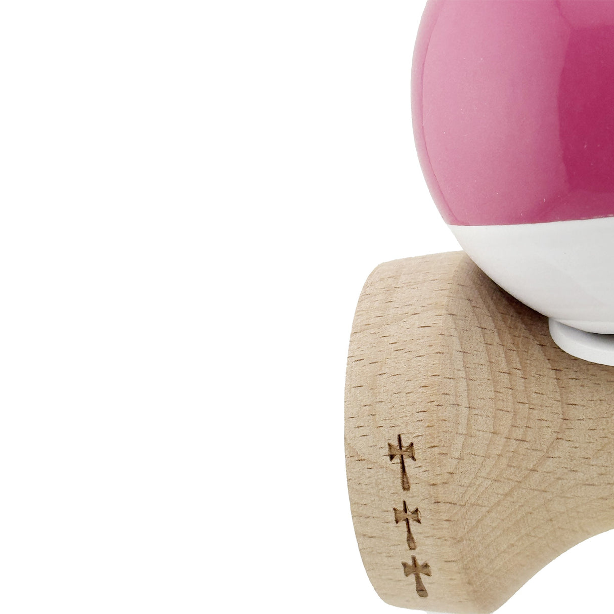 Kendama X Originala, Profesionala, Vivimall, Super Sticky cu Cupe Mari KING SIZE V3, Gaura in Baza, Rulment Metalic, din lemn 18 cm, Ata 62/65 cm, Bicolor Roz inchis/Alb - vivimall.ro