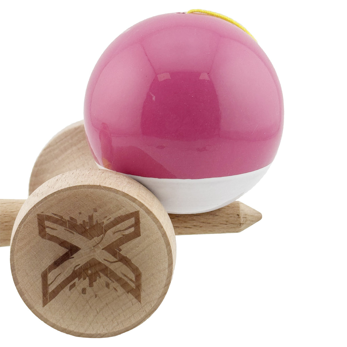 Kendama X Originala, Profesionala, Vivimall, Super Sticky cu Cupe Mari KING SIZE V3, Gaura in Baza, Rulment Metalic, din lemn 18 cm, Ata 62/65 cm, Bicolor Roz inchis/Alb - vivimall.ro