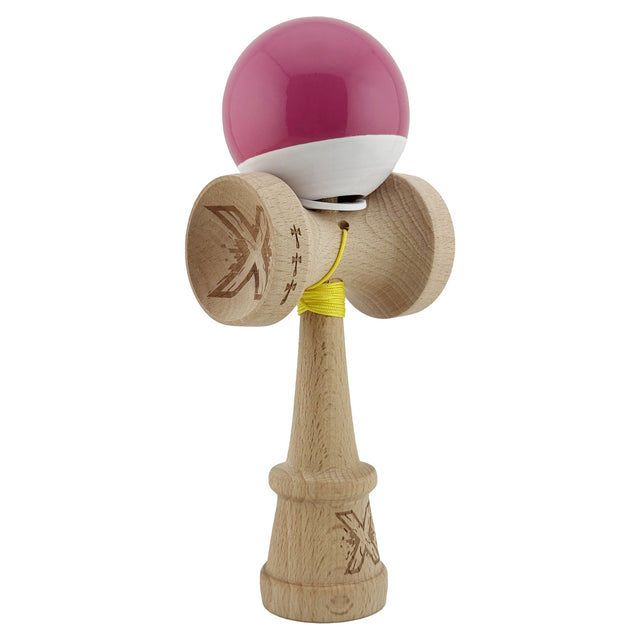 Kendama X Originala, Profesionala, Vivimall, Super Sticky cu Cupe Mari KING SIZE V3, Gaura in Baza, Rulment Metalic, din lemn 18 cm, Ata 62/65 cm, Bicolor Roz inchis/Alb - vivimall.ro
