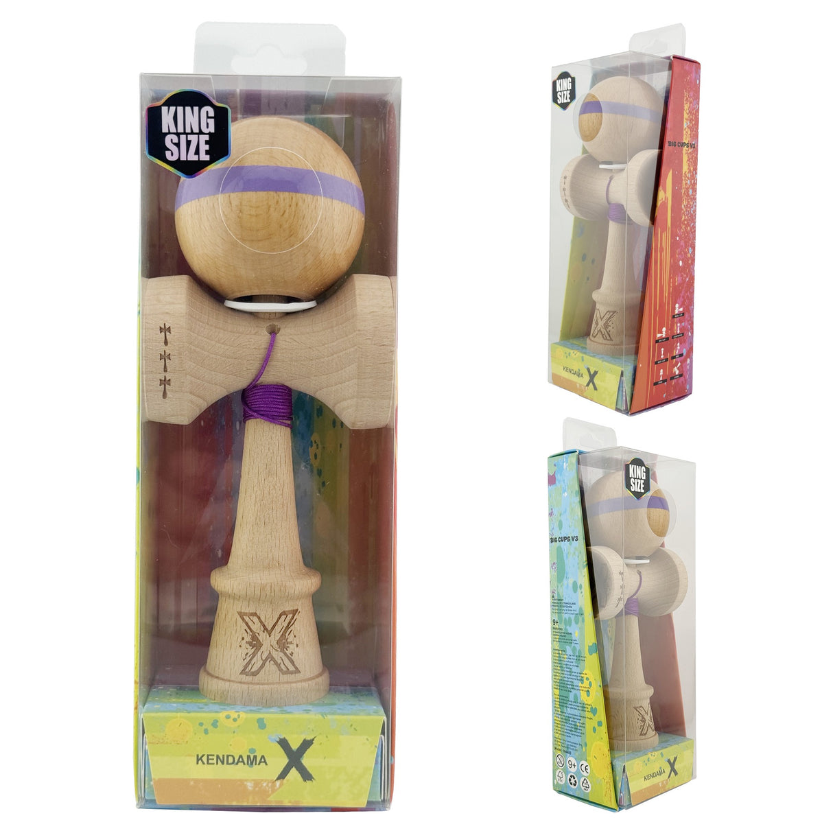 Kendama X Originala, Profesionala, Vivimall, Super Sticky, Cupe Mari KING SIZE V3, Gaura in Baza, Rulment Metalic, din lemn 18 cm, Ata 55 cm, Original Mov - vivimall.ro