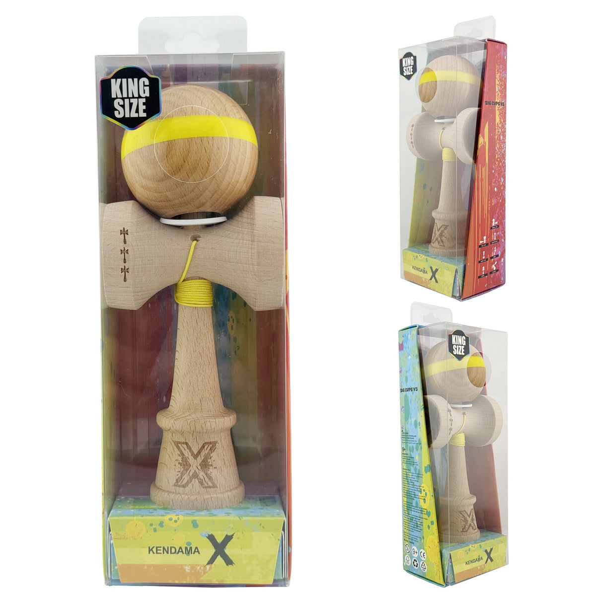Kendama X Originala, Profesionala, Vivimall, Super Sticky, Cupe Mari KING SIZE V3, Gaura in Baza, Rulment Metalic, din lemn 18 cm, Ata 55 cm, Original Galben - vivimall.ro