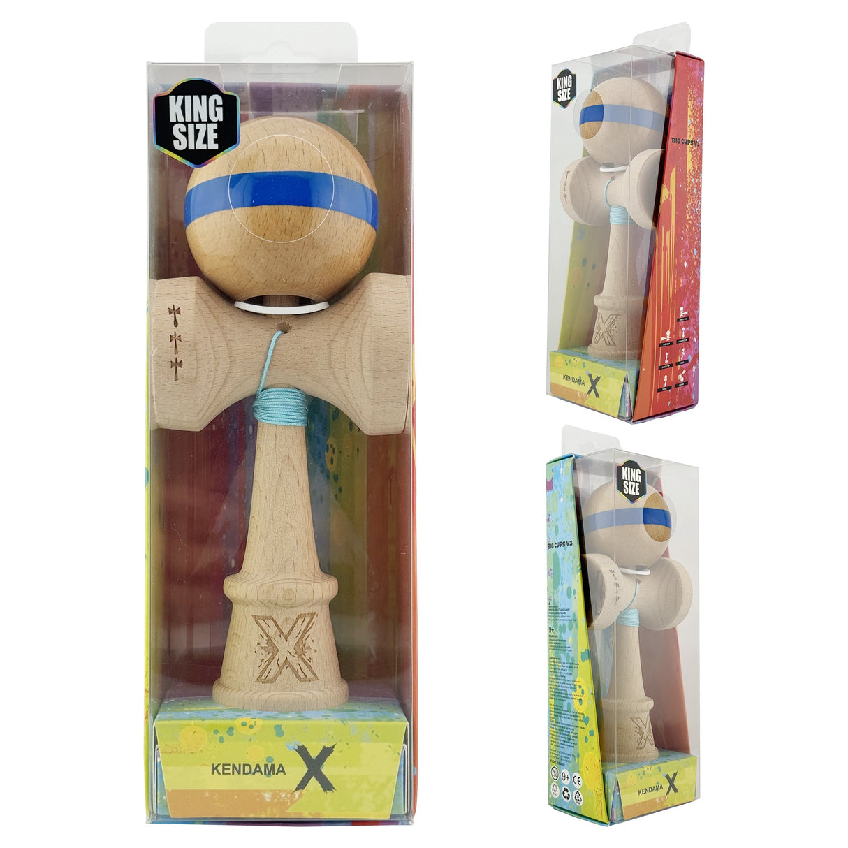 Kendama X Originala, Profesionala, Vivimall, Super Sticky, Cupe Mari KING SIZE V3, Gaura in Baza, Rulment Metalic, din lemn 18 cm, Ata 55 cm, Original Albastru - vivimall.ro