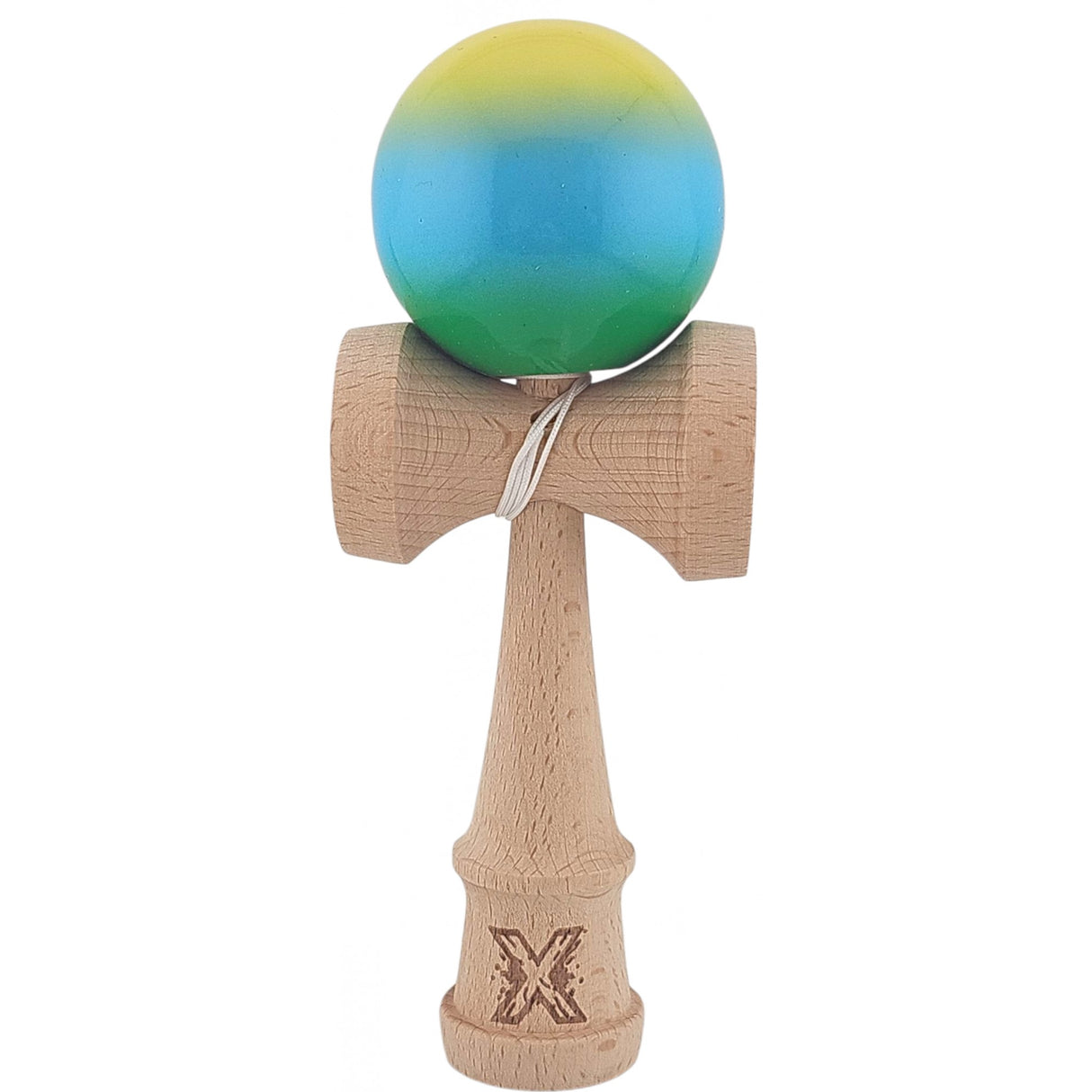 Kendama X Originala, Profesionala, Vivimall, Super Sticky din Lemn, 18 cm, Gradient Galben/Albastru deschis/Verde - vivimall.ro