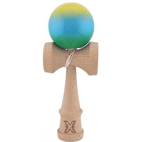 Kendama X Originala, Profesionala, Vivimall, Super Sticky din Lemn, 18 cm, Gradient Galben/Albastru deschis/Verde - vivimall.ro