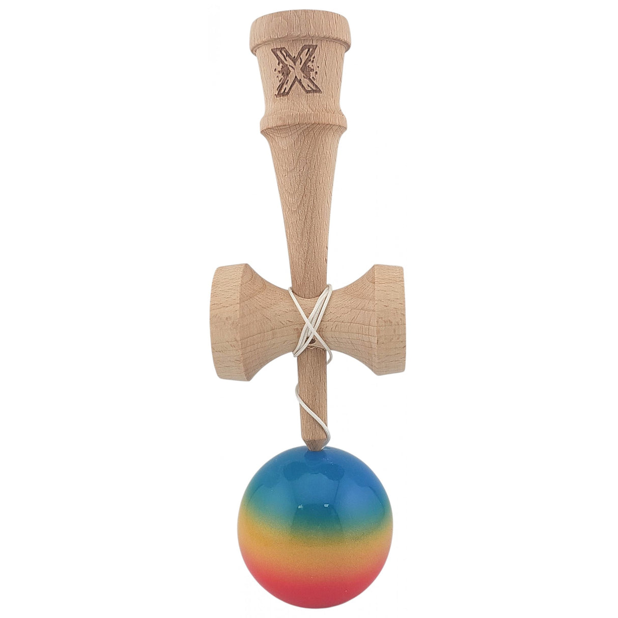 Kendama X Originala, Profesionala, Flippy, Super Sticky din Lemn, 18 cm, Gradient Rosu/Galben/Albastru - vivimall.ro