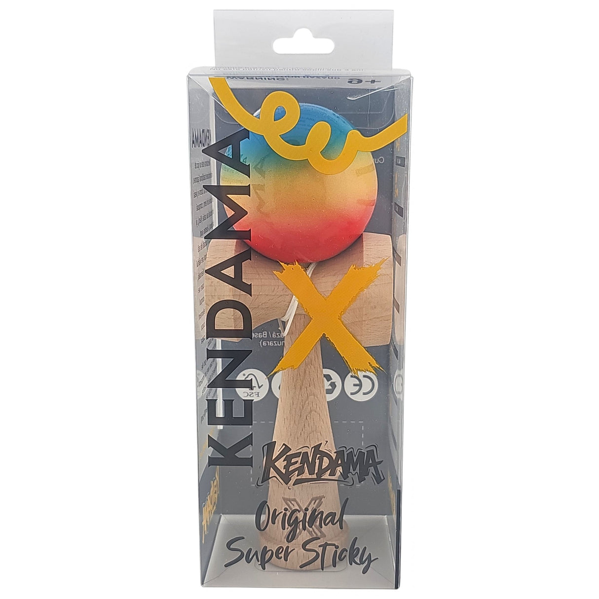 Kendama X Originala, Profesionala, Flippy, Super Sticky din Lemn, 18 cm, Gradient Rosu/Galben/Albastru - vivimall.ro