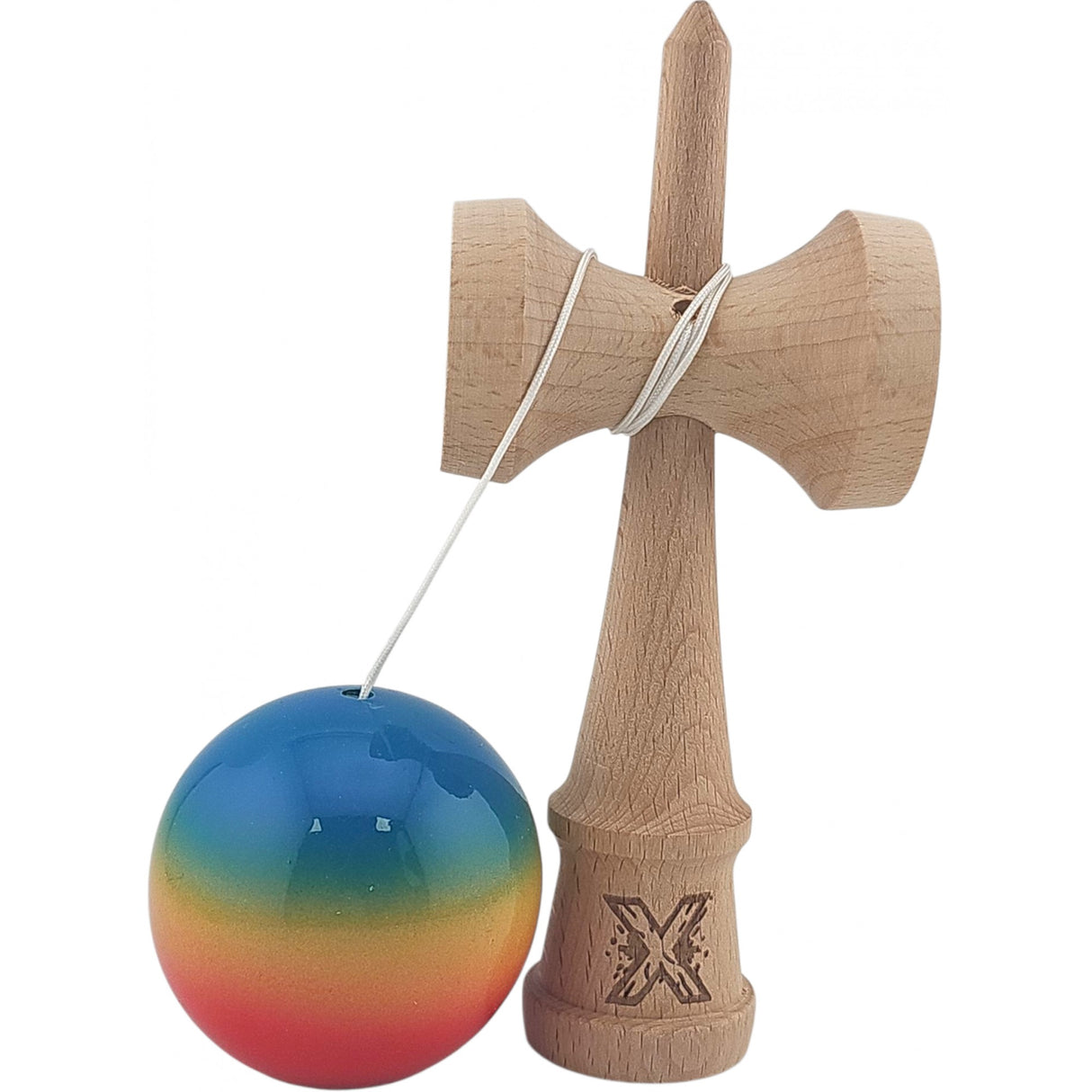 Kendama X Originala, Profesionala, Vivimall, Super Sticky din Lemn, 18 cm, Gradient Rosu/Galben/Albastru - vivimall.ro