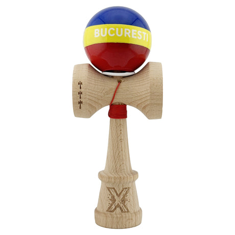 Kendama X Originala, Profesionala, Vivimall, Tricolor Edition BUCURESTI, Super Sticky cu Cupe Mari KING SIZE V3, Rulment Metalic si Gaura in Baza, din Lemn 18 cm, Ata 55 cm, Multicolor - vivimall.ro