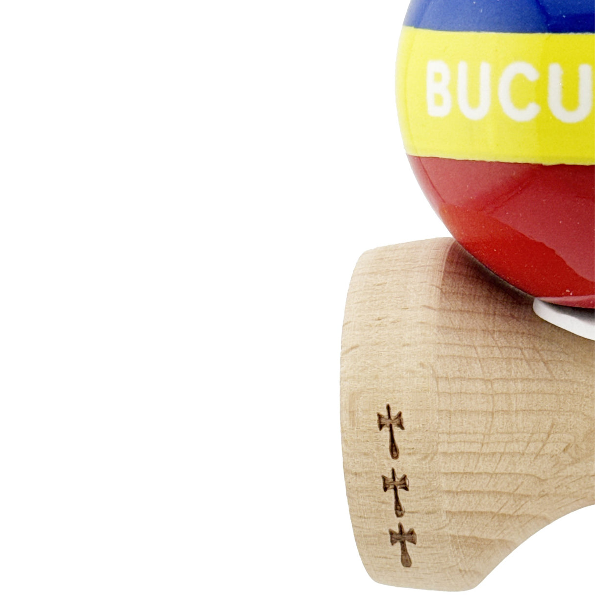 Joc kendama profesional din lemn natural, model King Size V3, pozitionare trick echilibru