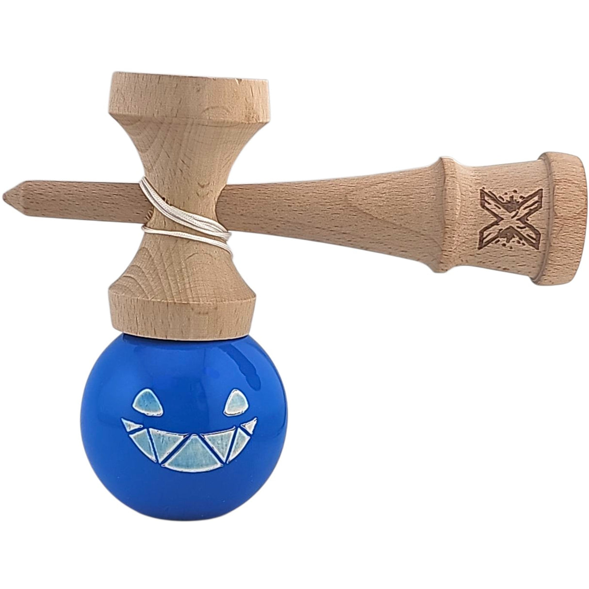 Kendama X Originala, Profesionala Limited Crazy Smile, Flippy, din Lemn, Super Stiky, 18 cm, Albastru