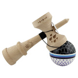 Kendama X Originala, Profesionala, Flippy, RAINDROPS, Super Sticky cu Cupe Mari KING SIZE V3, Gaura in Baza, Rulment Metalic, din lemn 18 cm, Ata 62/65 cm, Alb/Negru/Mov - vivimall.ro