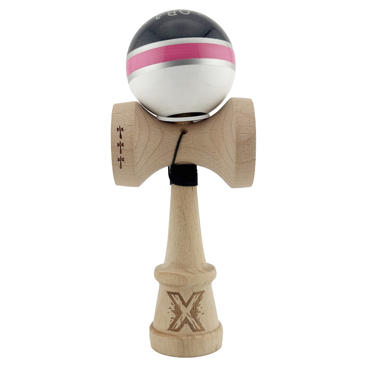 Kendama X Originala ROYAL SPIKE, Profesionala, Vivimall, Cupe Mari KING SIZE V3, Super Sticky, Gaura in Baza, Rulment Metalic, din lemn 18 cm, Ata 55 cm, Inel Roz