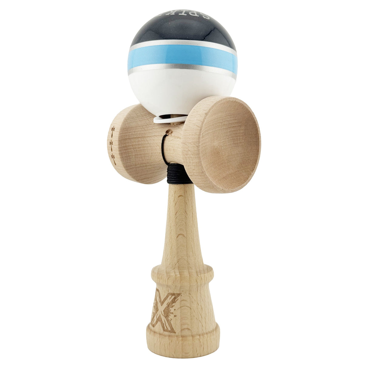 Kendama X Originala ROYAL SPIKE, Profesionala, Vivimall, Cupe Mari KING SIZE V3, Super Sticky, Gaura in Baza, Rulment Metalic, din lemn 18 cm, Ata 55 cm, Inel Albastru deschis