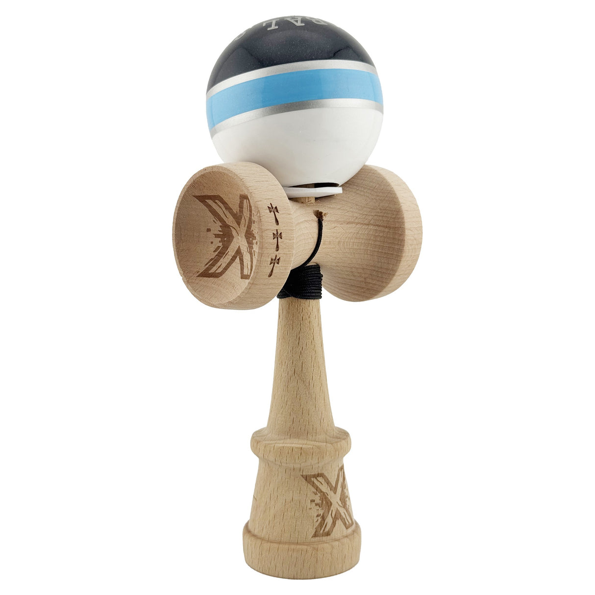 Kendama X Originala ROYAL SPIKE, Profesionala, Vivimall, Cupe Mari KING SIZE V3, Super Sticky, Gaura in Baza, Rulment Metalic, din lemn 18 cm, Ata 55 cm, Inel Albastru deschis