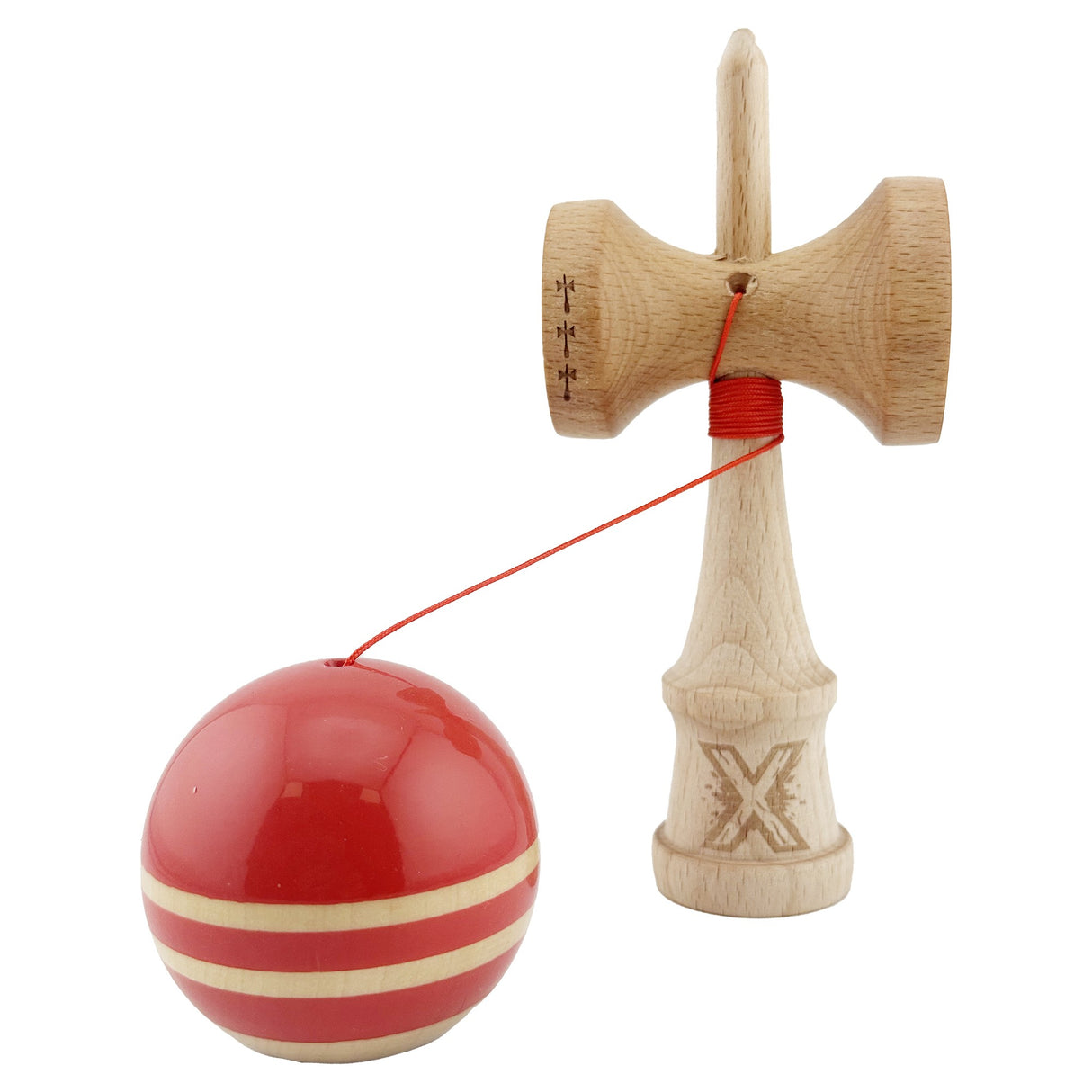 Kendama X Rainbow Originala, Profesionala, Vivimall, Big Cups V2, Super Sticky cu Cupe Mari, Rulment Metalic, din lemn 18 cm, Ata 55 cm, Rosu/Maro - vivimall.ro
