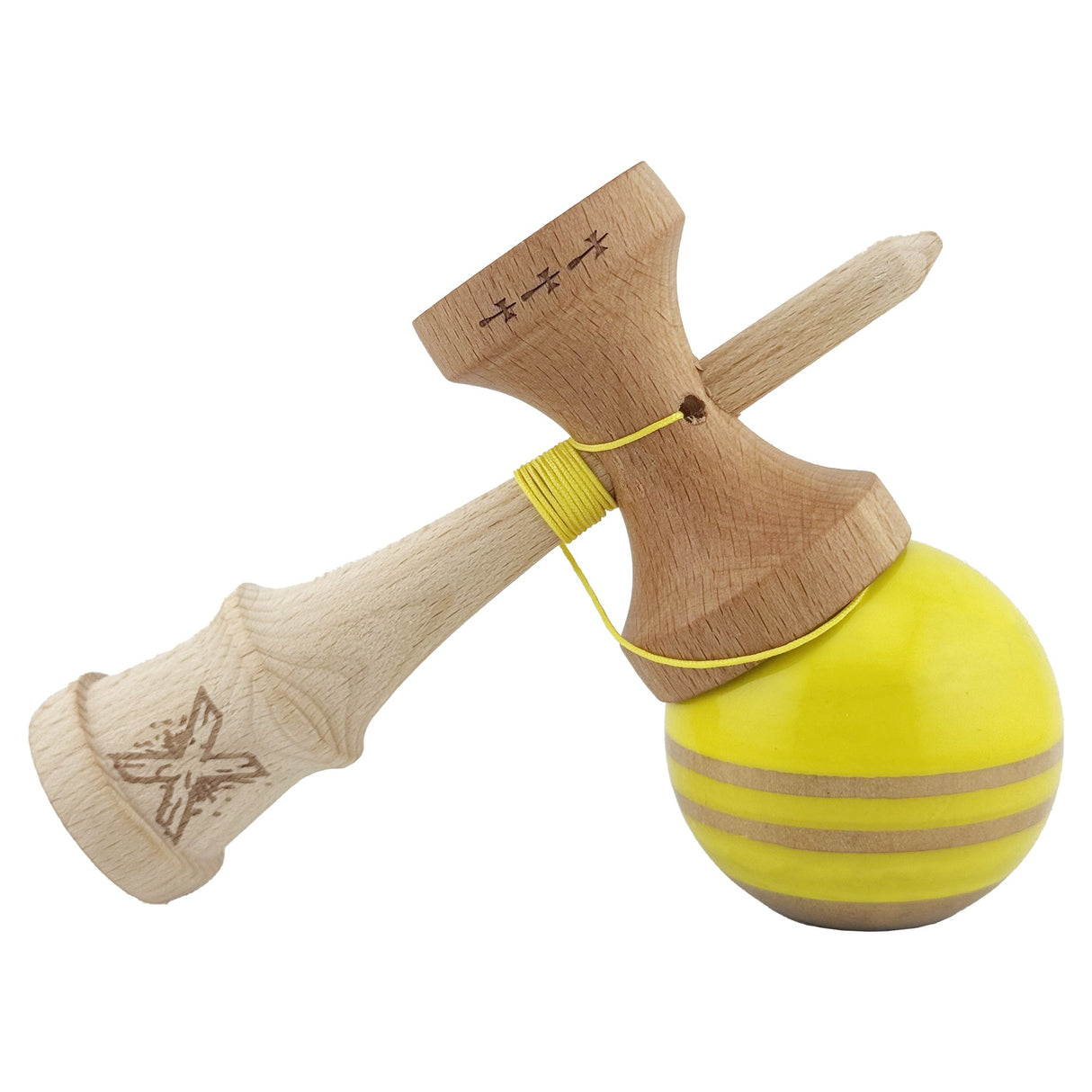 Kendama X Rainbow Originala, Profesionala, Flippy, Big Cups V2, Super Sticky cu Cupe Mari, Rulment Metalic, din lemn 18 cm, Ata 55 cm, Galben/Maro - vivimall.ro