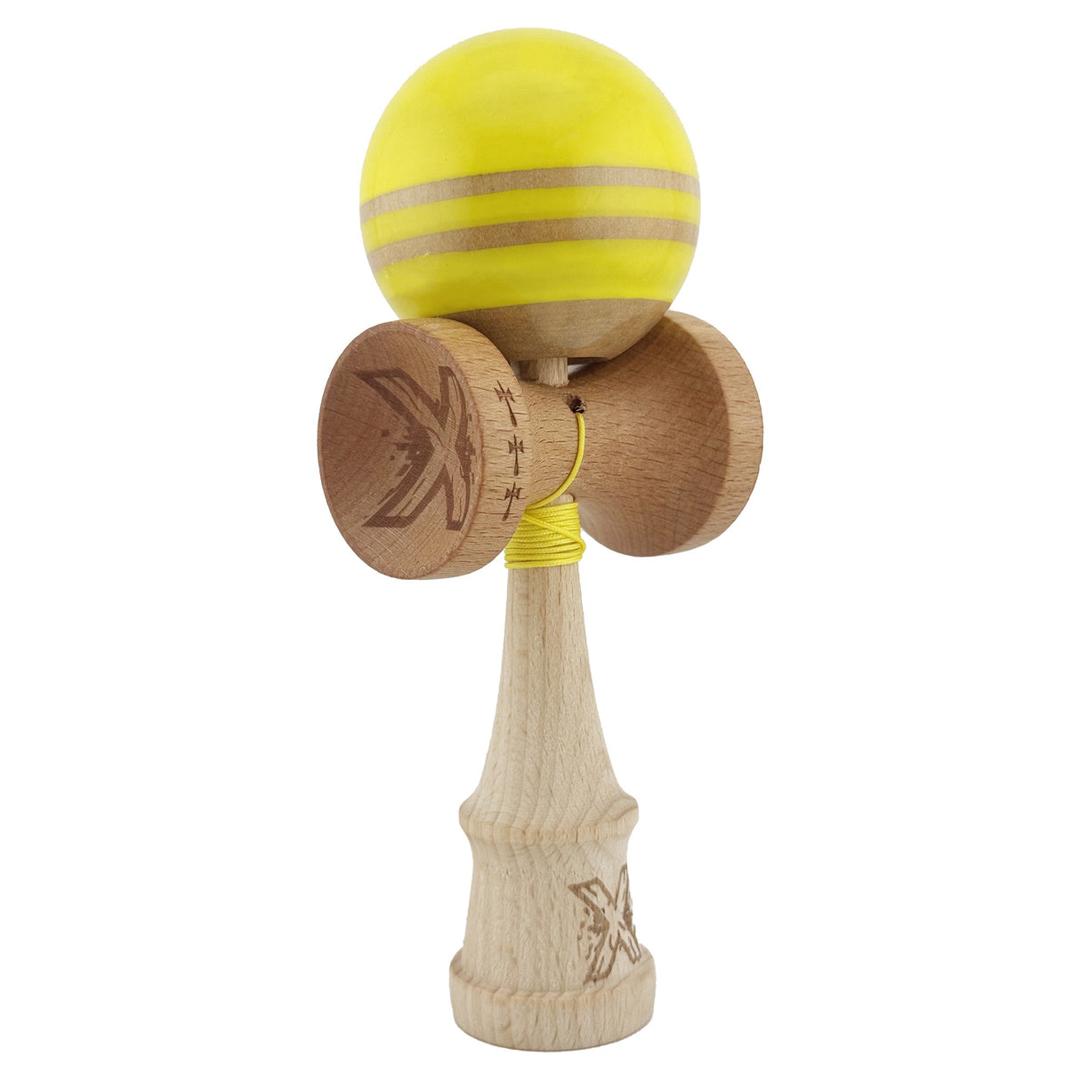Kendama X Rainbow Originala, Profesionala, Flippy, Big Cups V2, Super Sticky cu Cupe Mari, Rulment Metalic, din lemn 18 cm, Ata 55 cm, Galben/Maro - vivimall.ro