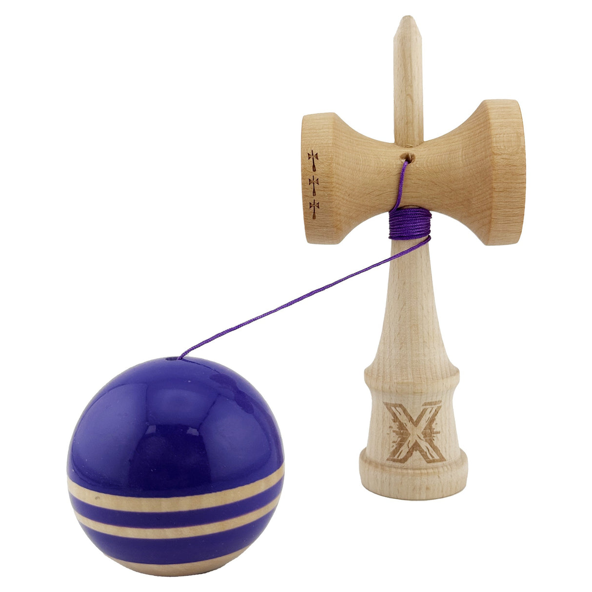 Kendama X Rainbow Originala, Profesionala, Vivimall, Big Cups V2, Super Sticky cu Cupe Mari, Rulment Metalic, din lemn 18 cm, Ata 55 cm, Violet/Maro - vivimall.ro